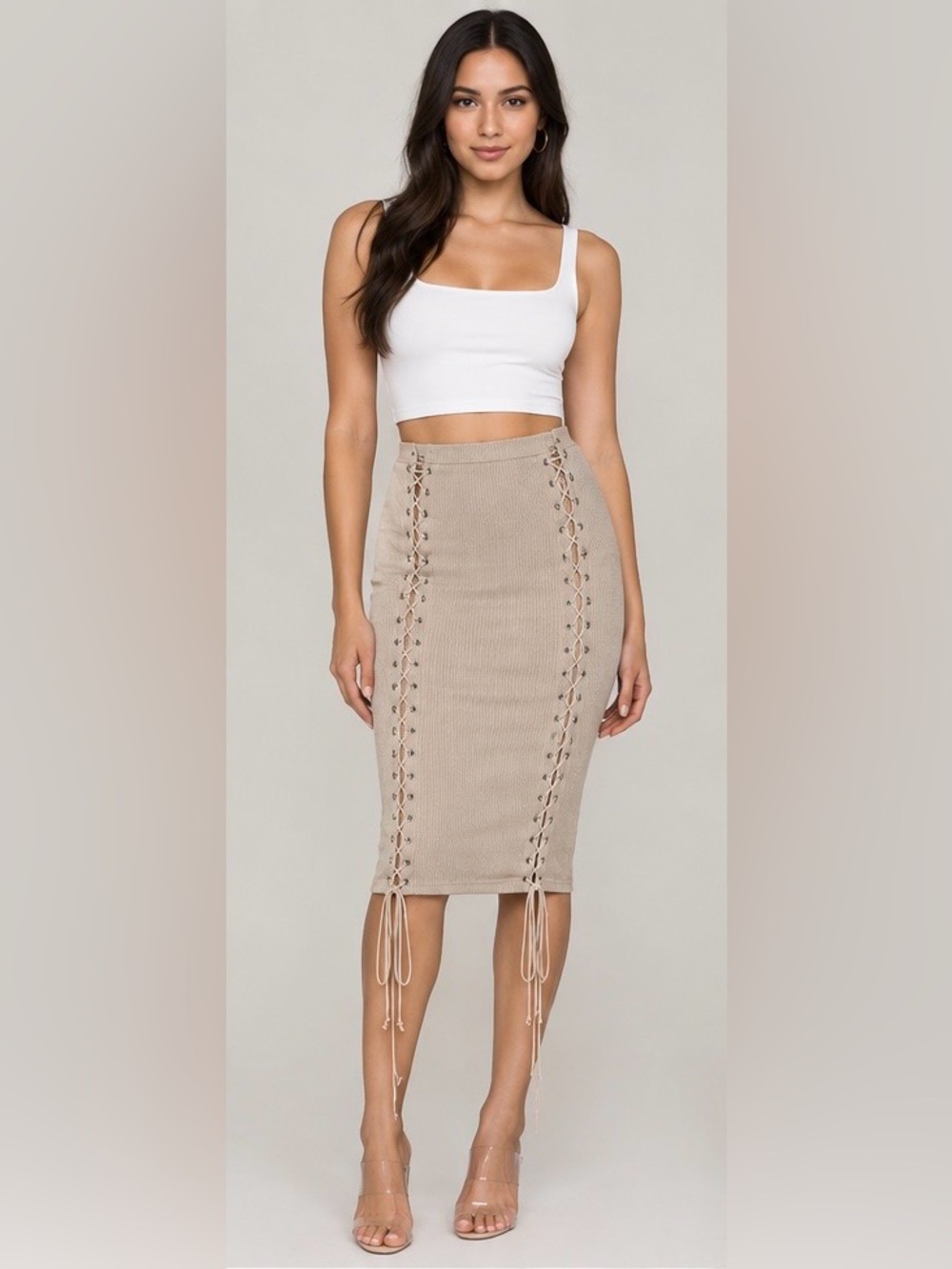 AKIRA Beige Ribbed Lace-Up Pencil Skirt